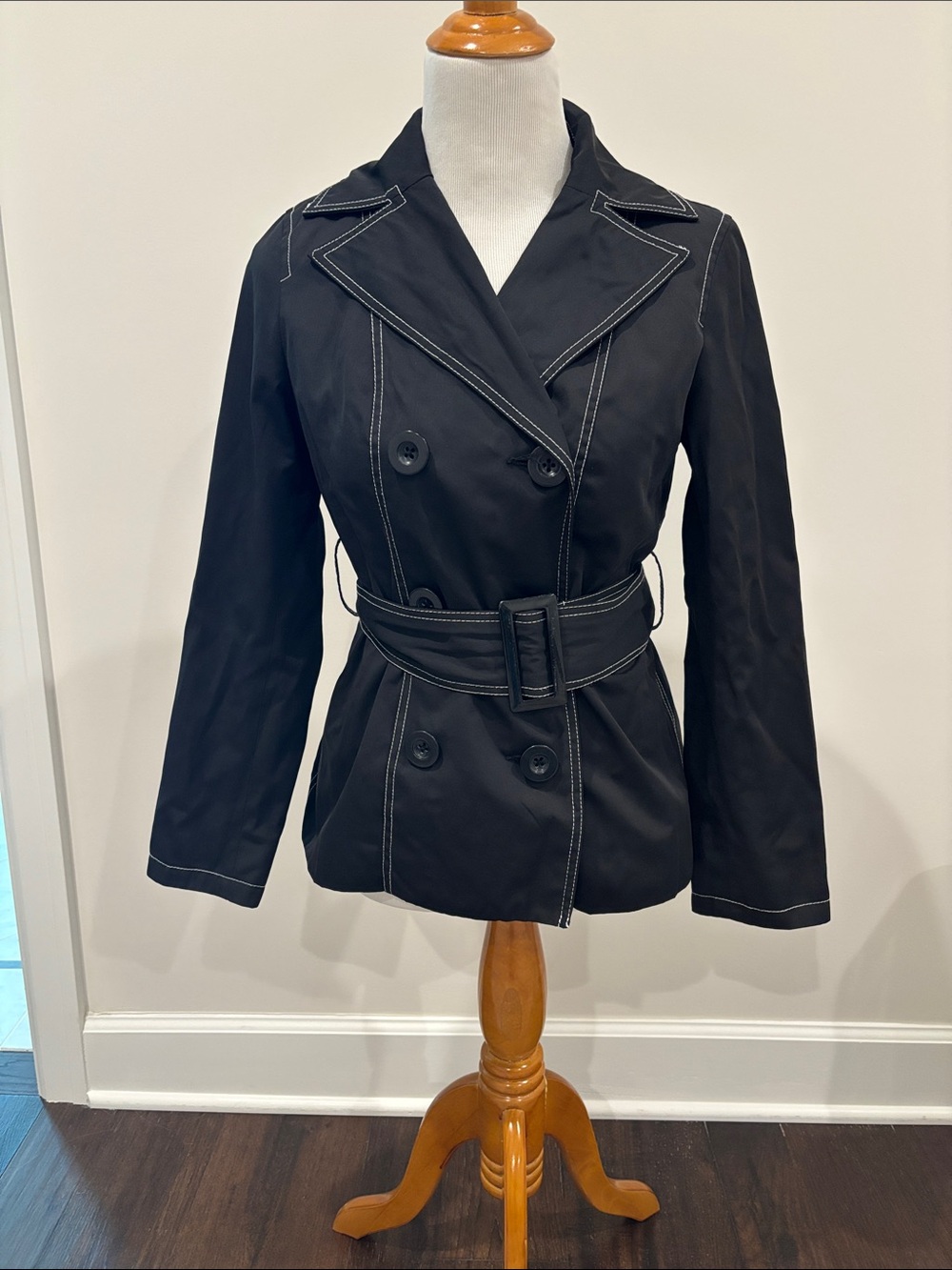 White House Black Market Black Double-Breasted Trench with Contrast Stitching